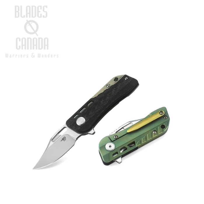 Bestech Engine Bowie Flipper Framelock Knife, S35VN Two-Tone, Titanium Green/CF, BT1806C