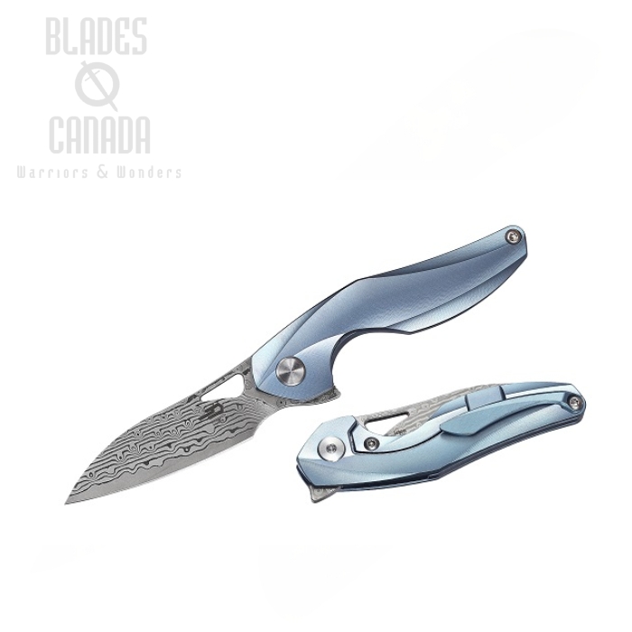 Bestech Isham Reticulan Flipper Framelock Knife, 2" Damascus Blade, Titanium Blue, BT1810H