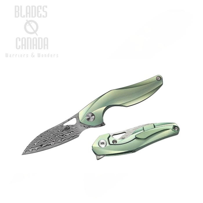 Bestech Isham Reticulan Flipper Framelock Knife, Damascus Blade, Titanium Green, BT1810I