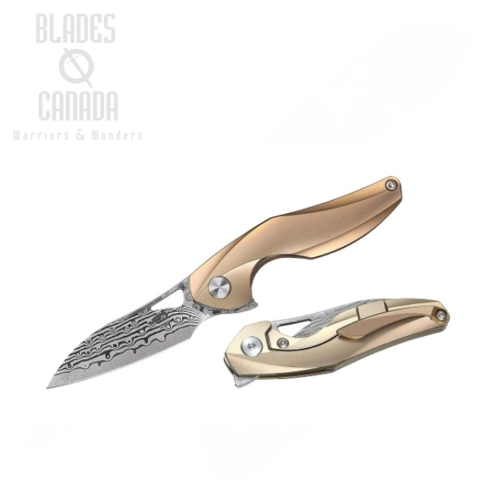 Bestech Isham Reticulan Flipper Framelock Knife, Damascus Blade, Titanium Gold, BT1810J