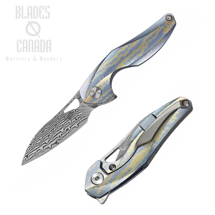 Bestech Isham Reticulan Flipper Framelock Knife, Damascus, Titanium, Kydex Sheath, BT1810L