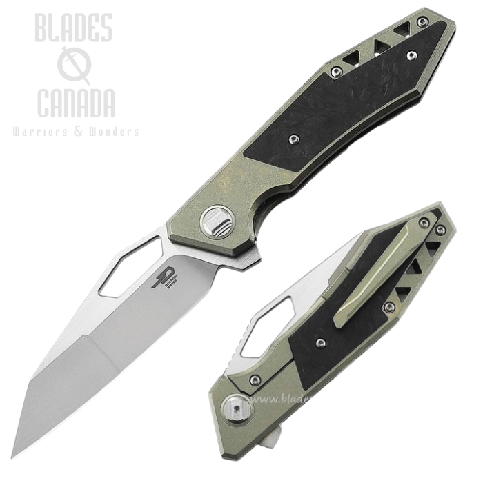 Bestech Fractal Flipper Framelock Knife, S35VN Tanto Two-Tone, Titanium Green/CF, BT1907B