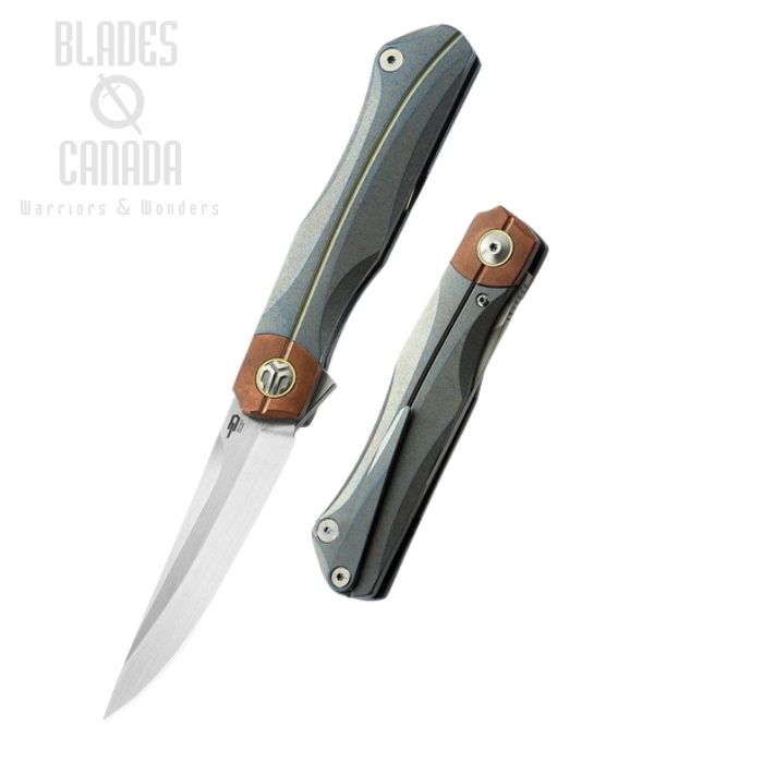 Bestech Thyra Flipper Folding Knife, M390, Titanium Blue/Red Copper, BT2106D
