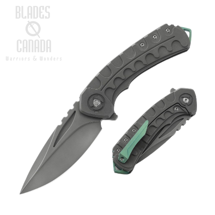 Bestech Buwaya Flipper Framelock Knife, M390 Grey, Titanium Grey w/Green Ti Clip, BT2203B