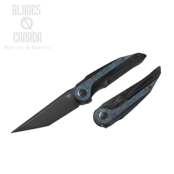 Bestech Blind Fury Flipper Framelock Knife, M390 Black SW, Titanium Black/Sky Blue Marble Inlay, BT2303D
