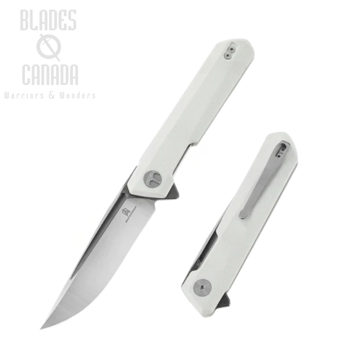 Bestechman Dundee Flipper Folding Knife, D2 Satin/Titanized, G10 White, BMK01G