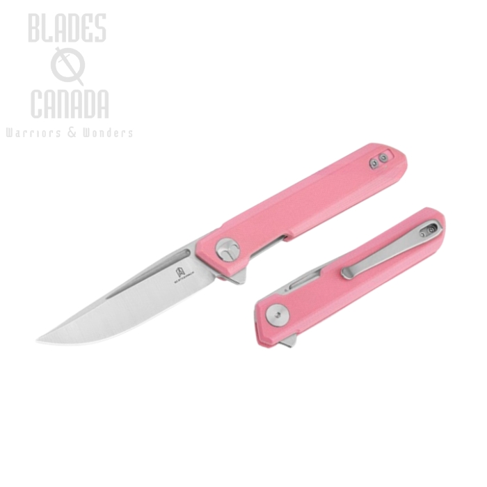 Bestechman Mini Dundee Flipper Folding Knife, D2 Satin/SW, G10 Pink, BMK03B