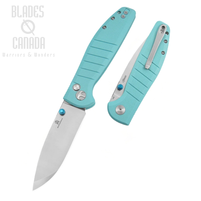 Bestechman Goodboy Button Lock Folding Knife, D2 Satin/SW, G10 Light Blue, BMK04B
