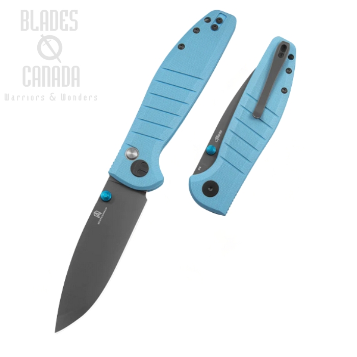 Bestechman Goodboy Button Lock Folding Knife, D2 Black, G10 Light Blue, BMK04C