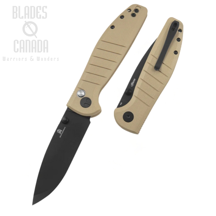 Bestechman Goodboy BUtton Lock Folding Knife, D2 Black, G10 Khaki, BMK04E