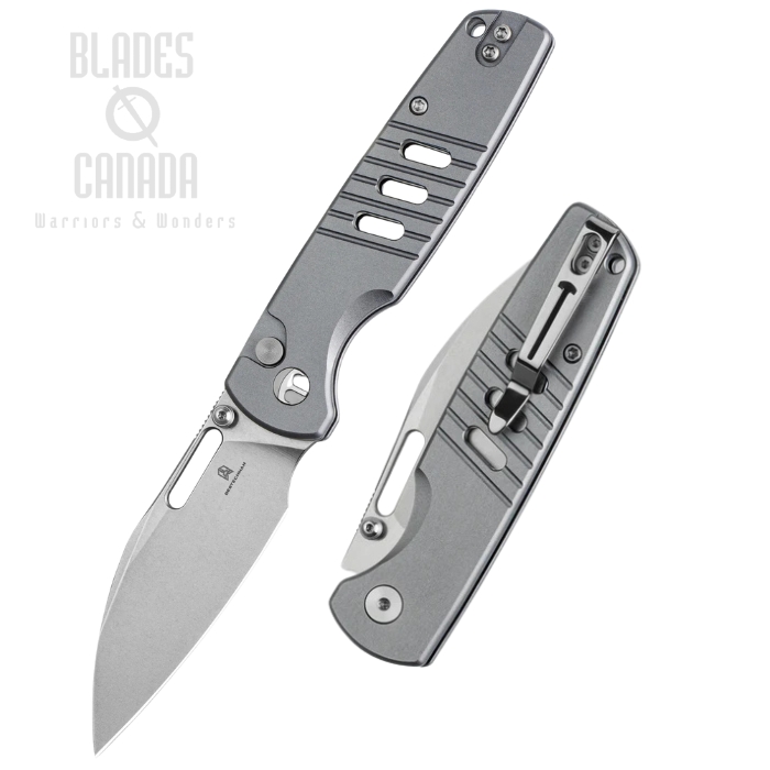 Bestechman Vector Button Lock Folding Knife, D2 Stonewash, Aluminum Grey, BMK15B