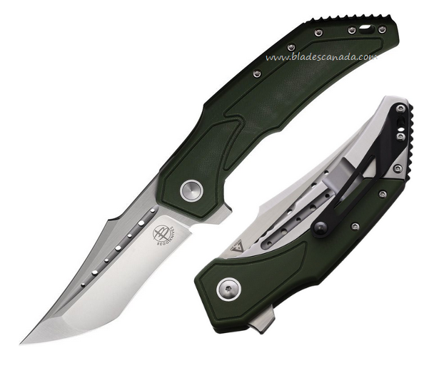 Begg Knives Astio Flipper Framelock Knife, D2 Satin, G10 OD Green, BG007