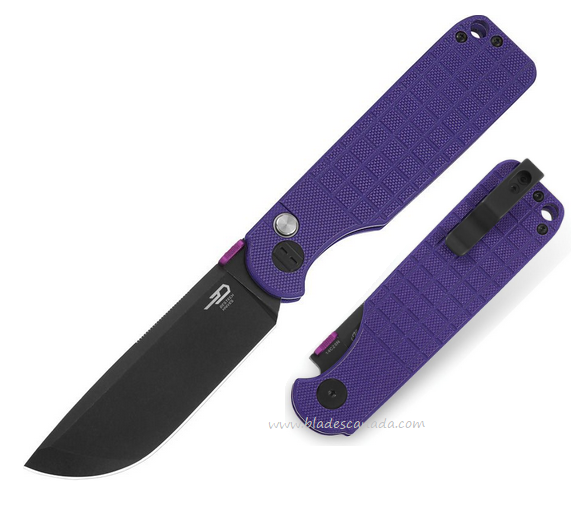 Bestech Glok Button Lock Folding Knife, 14C28N Black SW, G10 Purple, BG55D