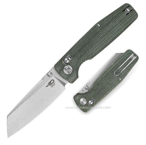 Bestech Slasher Folding Knife, D2 Stonewash, Micarta Green, BG56B-1