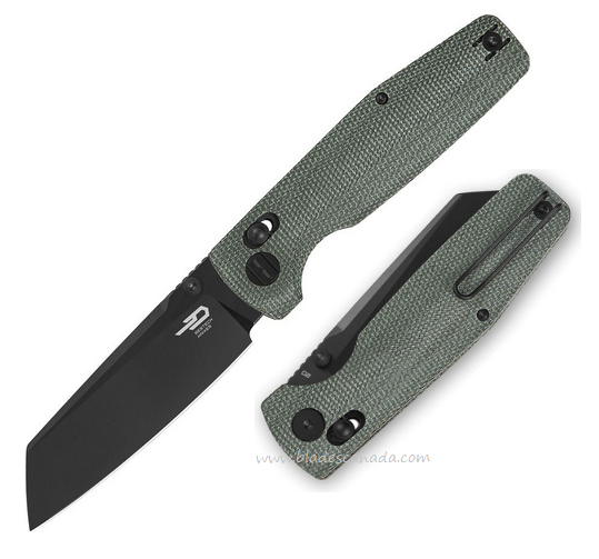 Bestech Slasher Folding Knife, D2 Black SW, Micarta Green, BG56B-2