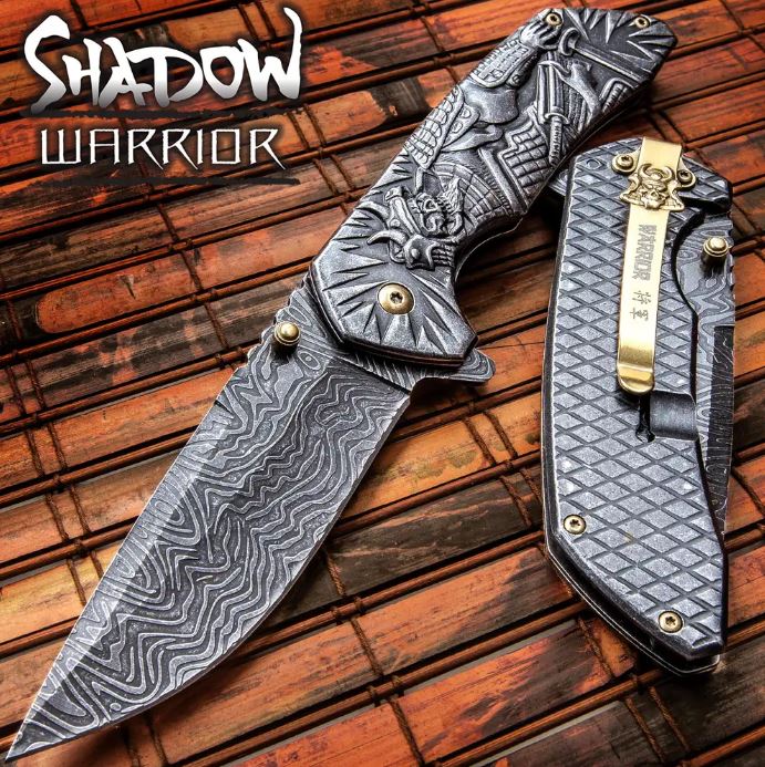 Shadow Warrior Flipper Folding Knife, Damascus Look w/Samurai Art Work, Assisted Opening, BK3530