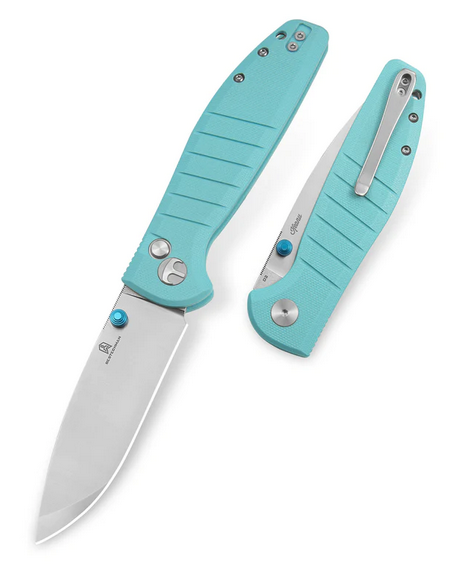 Bestechman Goodboy Button Lock Folding Knife, D2 Satin/SW, G10 Light Blue, BMK04B