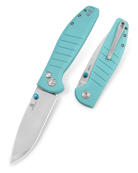 Bestechman Goodboy Button Lock Folding Knife, D2 Satin/SW, G10 Tiffany Blue, BMK04B