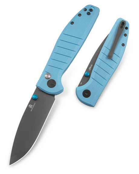 Bestechman Goodboy Button Lock Folding Knife, D2 Black, G10 Light Blue, BMK04C