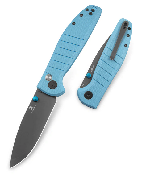 Bestechman Goodboy Button Lock Folding Knife, D2 Black, G10 Tiffany Blue, BMK04C