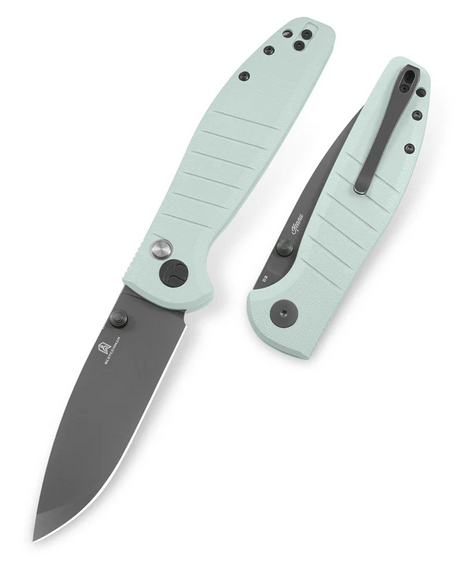 Bestechman Goodboy Button Lock Folding Knife, D2 Grey DLC, G10 Ice Cream Blue, BMK04D