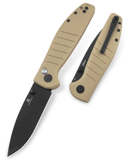 Bestechman Goodboy BUtton Lock Folding Knife, D2 Black, G10 Khaki, BMK04E