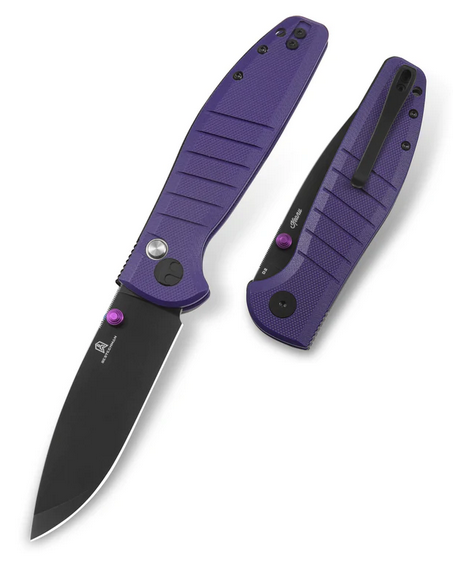 Bestechman Goodboy Button Lock Folding Knife, D2 Black, G10 Purple, BMK04F