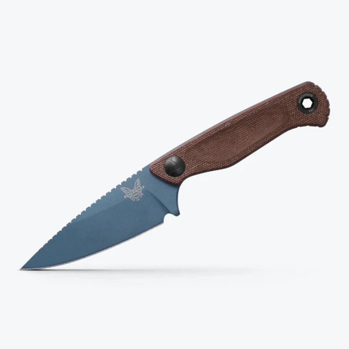 Benchmade Dacian Fixed Blade Knife, Magnacut Blue Cerakote, Micarta Brown, Leather Sheath Black, 203BT-03