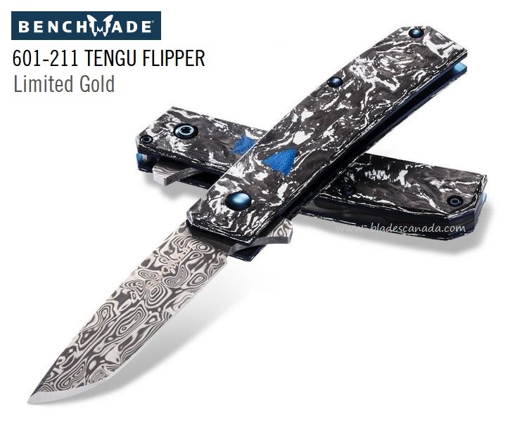 Benchmade Tengu Flipper Folding Knife, Damasteel, Marbled Carbon Fiber, Gold Class, 601-211
