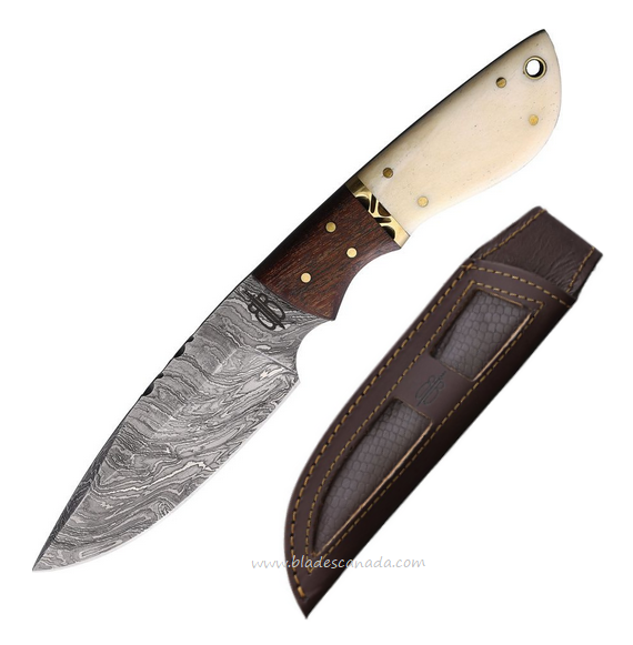 BucknBear Hunter Fixed Blade Knife, Damascus, Bone/Wood Handle, BNB134652