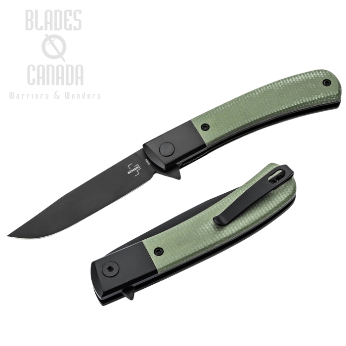 Boker Plus Modern Gentleman Flipper Folding Knife, Nitro-V Black, Micarta Green, 01BO931