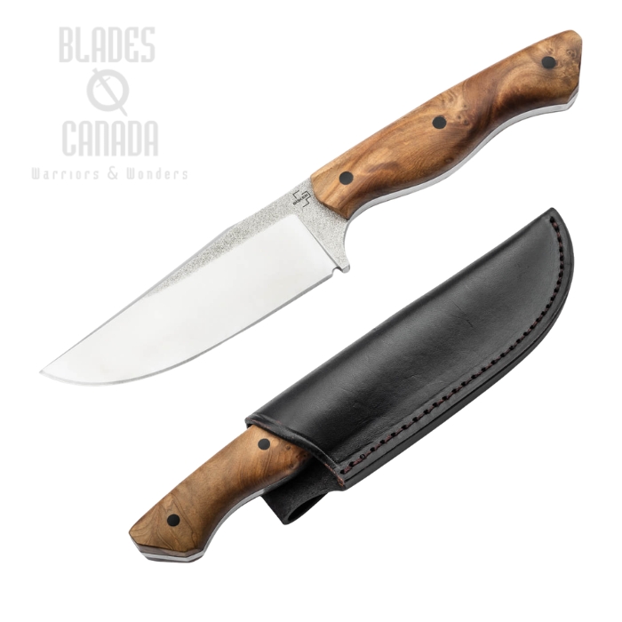 (image for) Boker Plus Overnighter Fixed Blade Knife, D2 Two-Tone, Burl Wood Brown, Leather Sheath, 02BP0025
