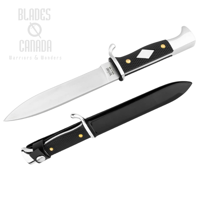 Boker History Knife & Tool German Scout Fixed Blade Knife, 440A Satin, POM Black, Leather Sheath, 02HY004