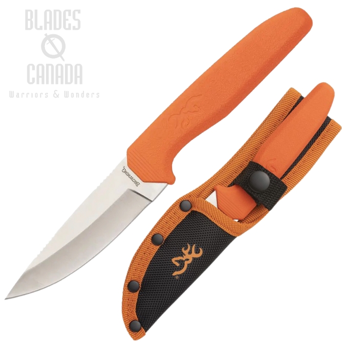 Browning Sharp Ridge Skinner Fixed Blade Knife, Stainless Satin, Rubber Orange Handle, BR0554