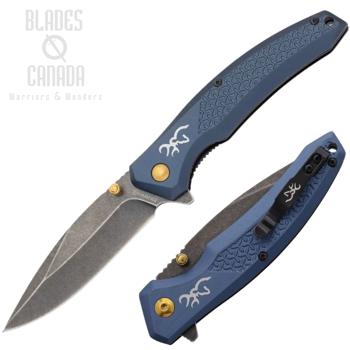 Browning Flipper Folding Knife, Stainless Black SW, Aluminum Blue Textured, BR0572B