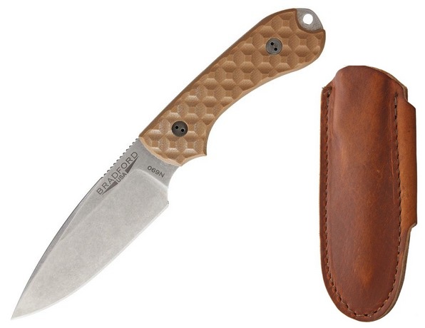 Bradford Guardian 3 EDC Fixed Blade Knife, N690, G10 Coyote Brown, Leather Sheath, BRAD03