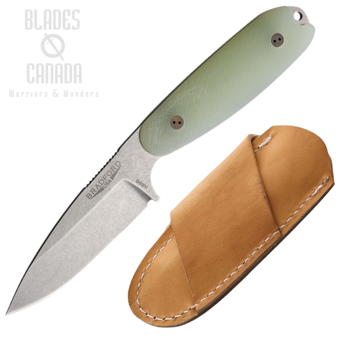 Bradford Guardian 3.5 Fixed Blade Knife, N690 Stonewash, G10 Jade, Leather Sheath, 3.5S-117-N690