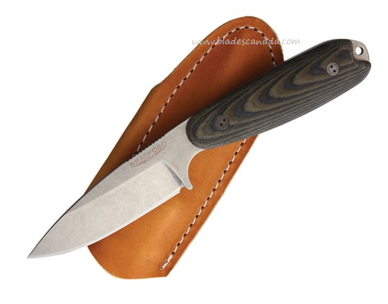 Bradford Guardian 3.5 Fixed Blade Knife, N690 SW Saber, Micarta Camo, Leather Sheath, BRAD35S109
