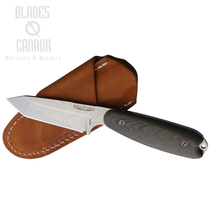 Bradford Guardian 3.5 Fixed Blade Knife, N690 Stonewash, Micarta Green, Leather Sheath, 3.5T-102-N690