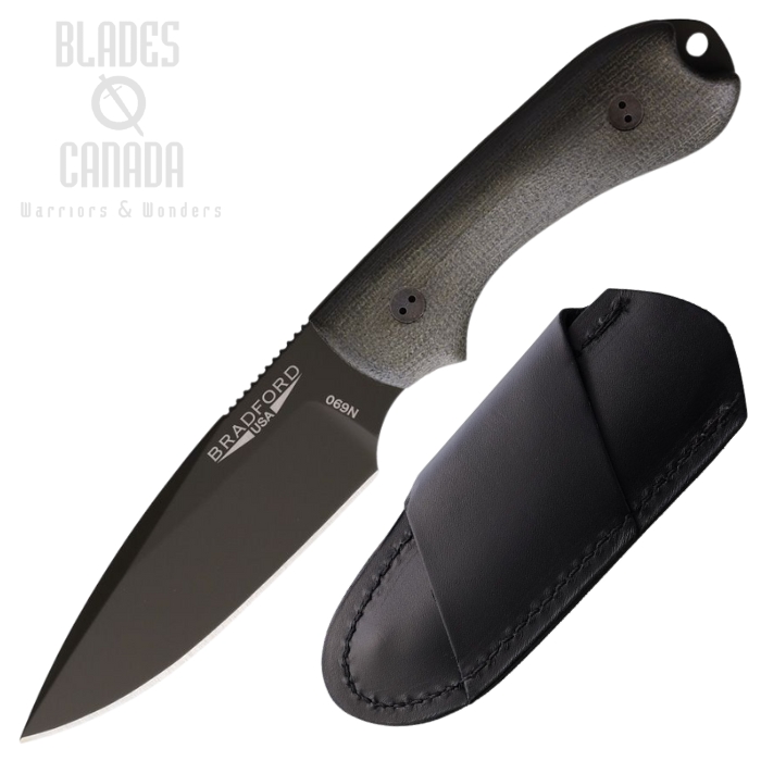 Bradford Guardian 3 Fixed Blade Knife, N690 Cerakote, Micarta OD Green, Black Leather Sheath, 3FE-102O-N690 Bradford Guardian 3 Fixed Blade Knife, N690 Cerakote, Micarta OD Green, Black Leather Sheath, 3FE-102O-N690