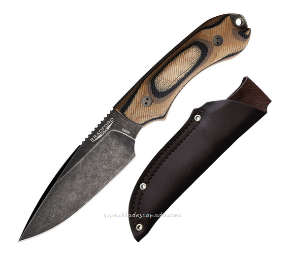 Bradford Guardian 4 Fixed Blade Knife, N690 Nimbus Finish, G-Wood Camo, Leather Sheath, BRAD4FE115N