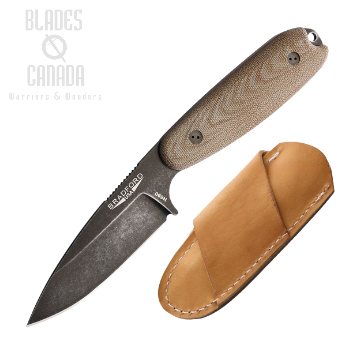 Bradford Guardian 3.5 Fixed Blade Knife, N690 Black SW Saber, Micarta Natural, Leather Sheath, BRAD35S104N Bradford Guardian 3.5 Fixed Blade Knife, N690 Black SW Saber, Micarta Natural, Leather Sheath, BRAD35S104N