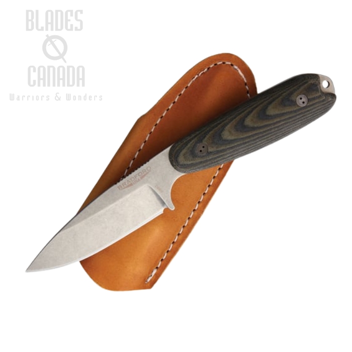 Bradford Guardian 3.5 Fixed Blade Knife, N690 SW Saber, Micarta Camo, Leather Sheath, BRAD35S109
