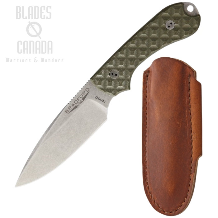 Bradford Guardian 3 EDC Fixed Blade Knife, N690, G10 OD Green, Leather Sheath, BRAD02