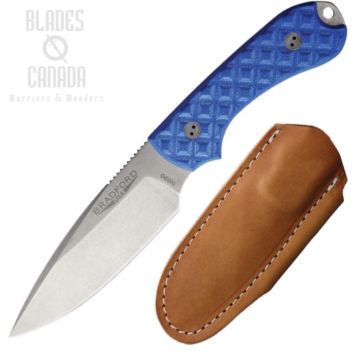 Bradford Guardian 3 Fixed Blade Knife, N690 Stonewash, G10 Patriot Blue, Leather Sheath, BRAD3FE003