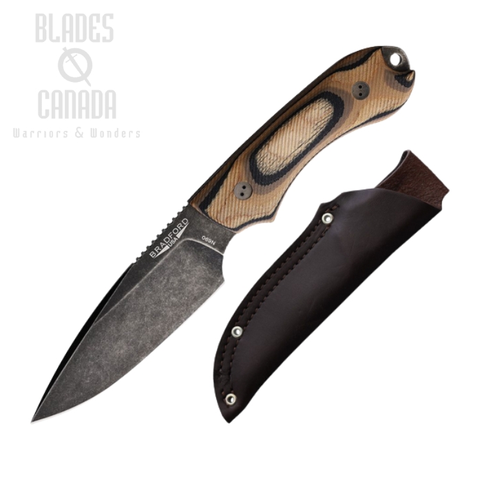 Bradford Guardian 4 Fixed Blade Knife, N690 Nimbus Finish, G-Wood Camo, Leather Sheath, BRAD4FE115N