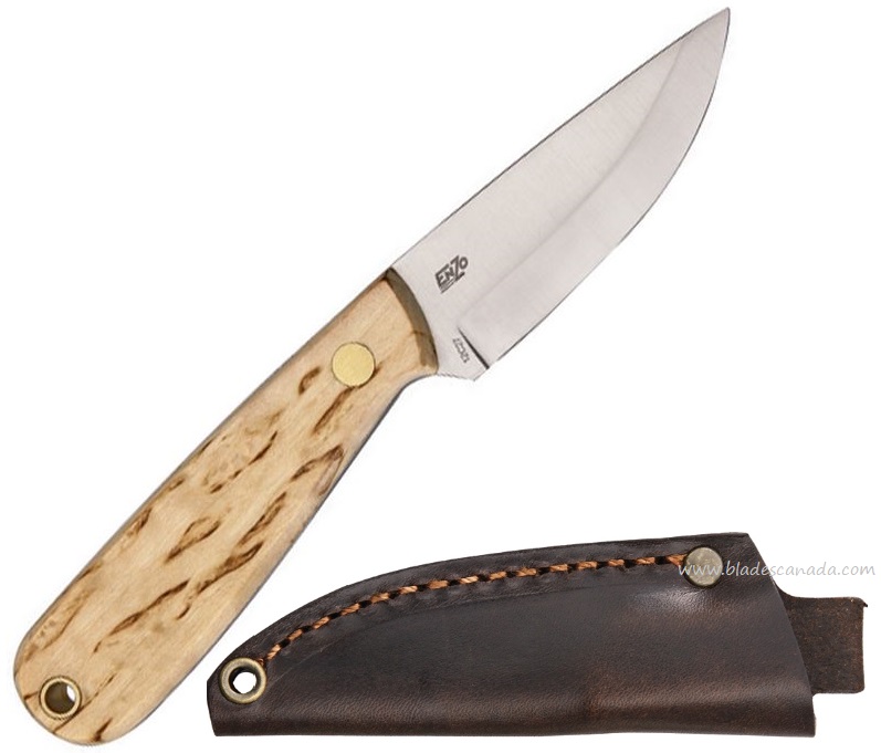 EnZo Necker 70 Fixed Blade Knife, 12C27 Sandvik Scandi, Curly Birch, BRI5800