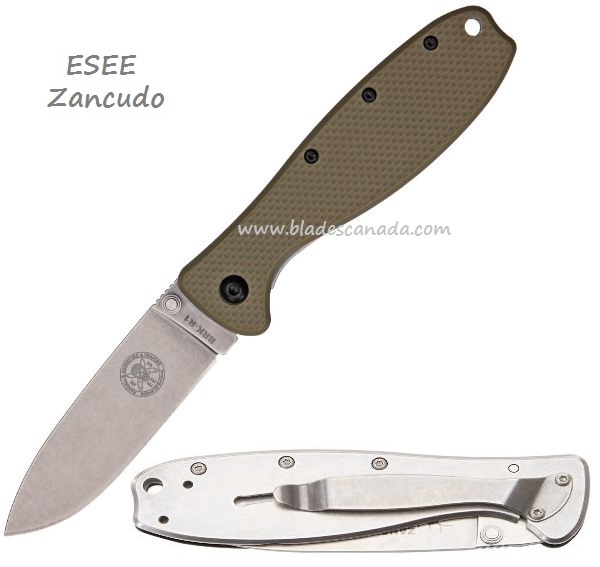 ESEE Zancudo Framelock Folding Knife, AUS 8A, GFN Tan/Stainless, BRKR1DT - Click Image to Close