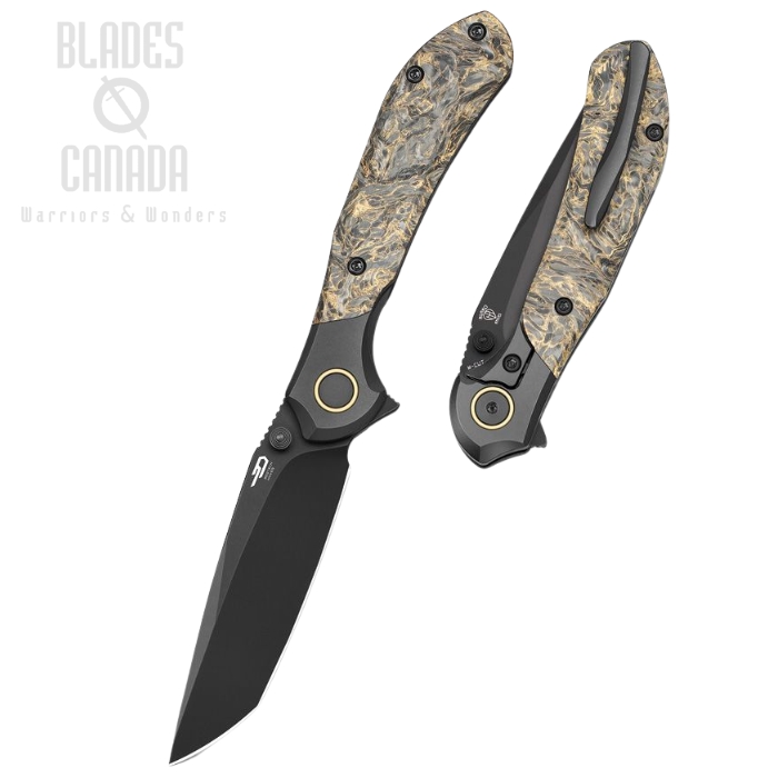 (image for) Bestech Constellation Flipper Framelock Knife, M-Cut Black, Titanium/Fat CF Dark Matter Gold, BT2501C