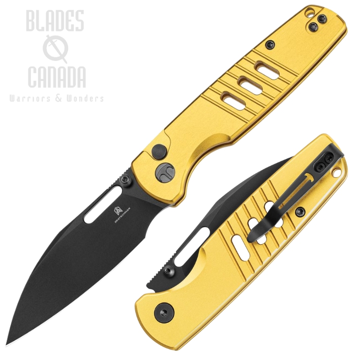 Bestech Vector Button Lock Folding Knife, D2 Black, Aluminum Gold, MK15E